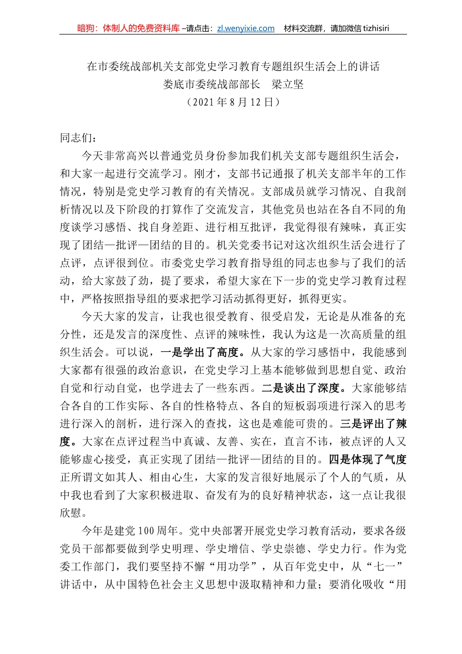 娄底市委统战部部长梁立坚：在市委统战部机关支部党史学习教育专题组织生活会上的讲话_第1页