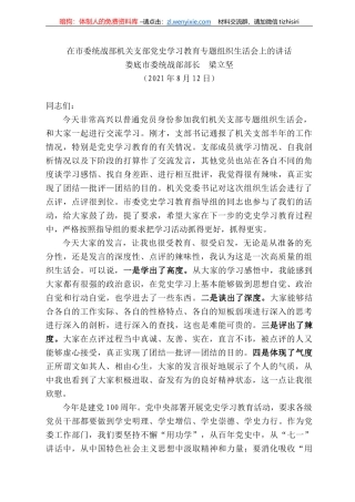 娄底市委统战部部长梁立坚：在市委统战部机关支部党史学习教育专题组织生活会上的讲话