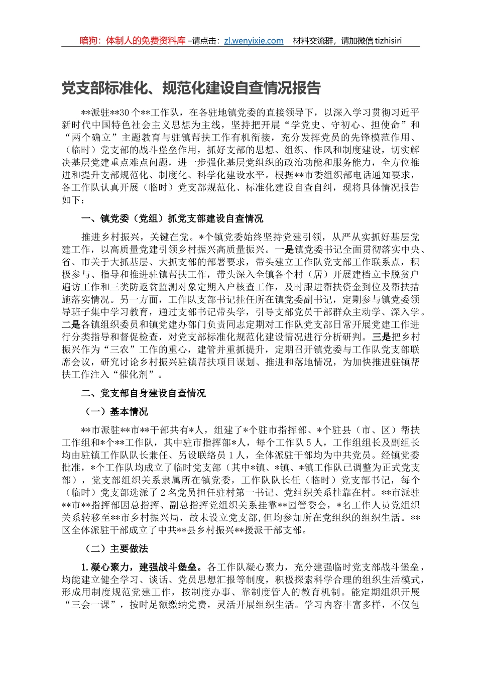 党支部标准化、规范化建设自查情况报告_第1页
