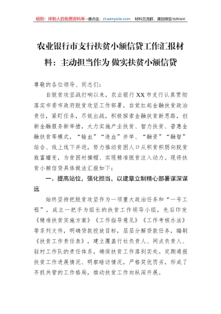 农业银行市支行扶贫小额信贷工作汇报材料：主动担当作为+做实扶贫小额信贷