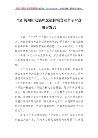 全面贯彻新发展理念稳住粮食安全基本盘研讨发言