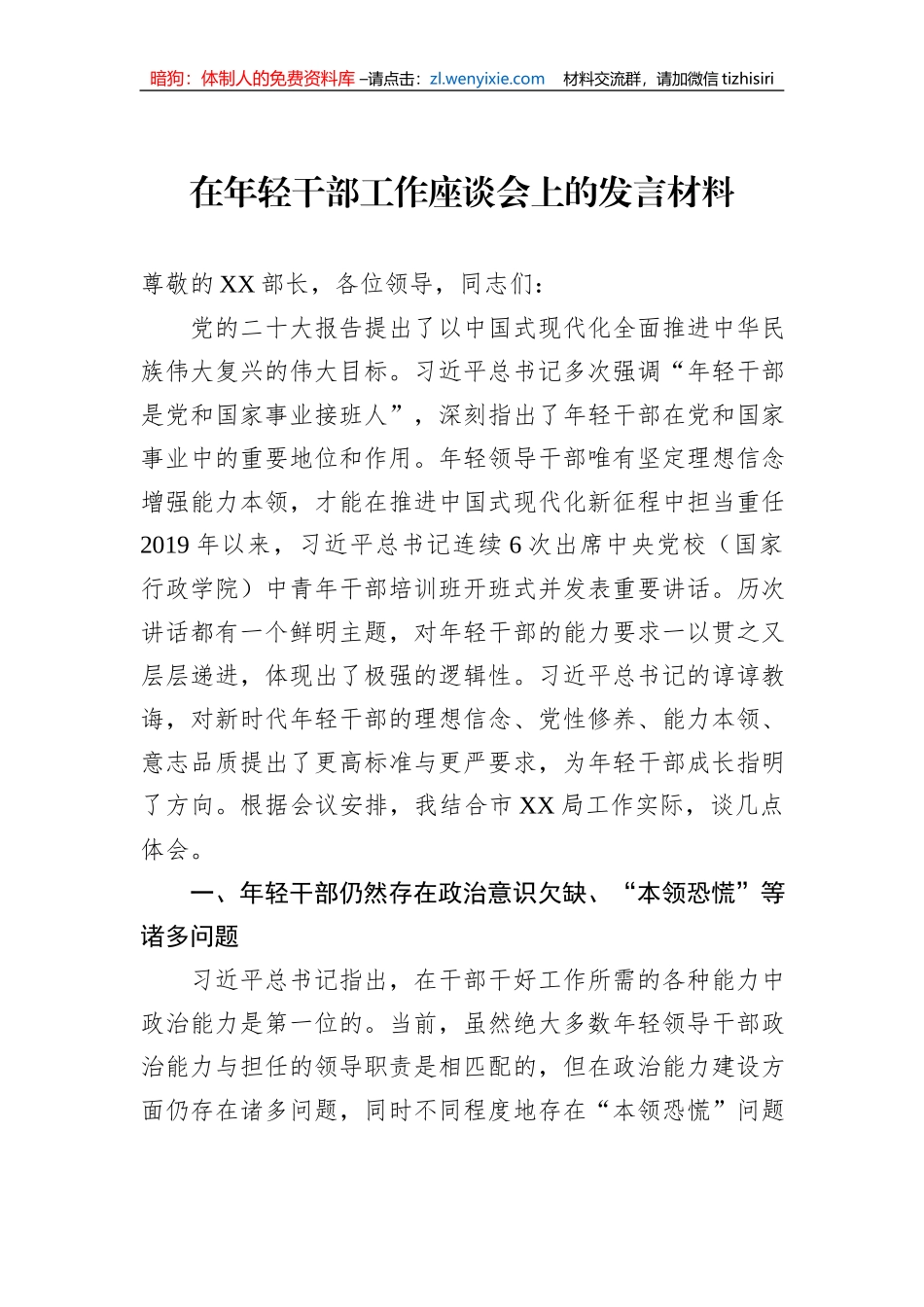 在年轻干部工作座谈会上的发言材料_第1页