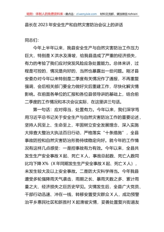 在2023年安全生产和自然灾害防治会议上的讲话