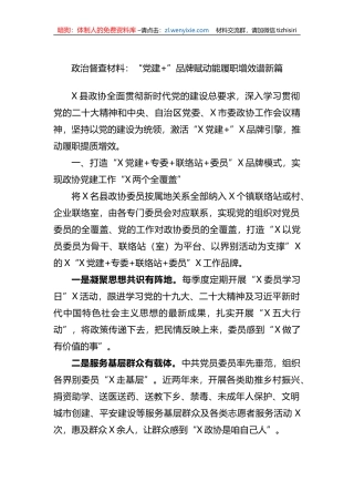政治督查材料：“党建+”品牌赋动能履职增效谱新篇 (1)