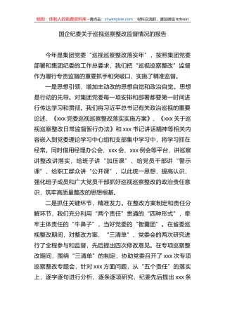 国企纪委关于巡视巡察整改监督情况的报告
