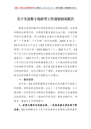 关于全县数字化转型工作进展情况报告
