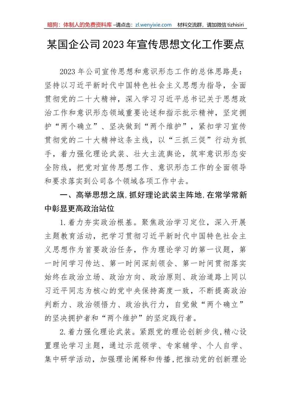 【国资国企】某国企公司2023年宣传思想文化工作要点_第1页