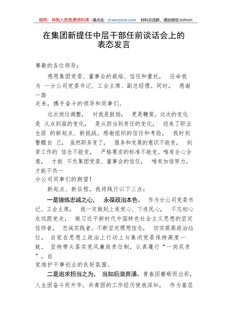 【国资国企】在集团新提任中层干部任前谈话会上的表态发言_第1页