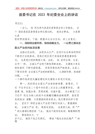 【纪检系统】县委书记在2023年纪委全会上的讲话