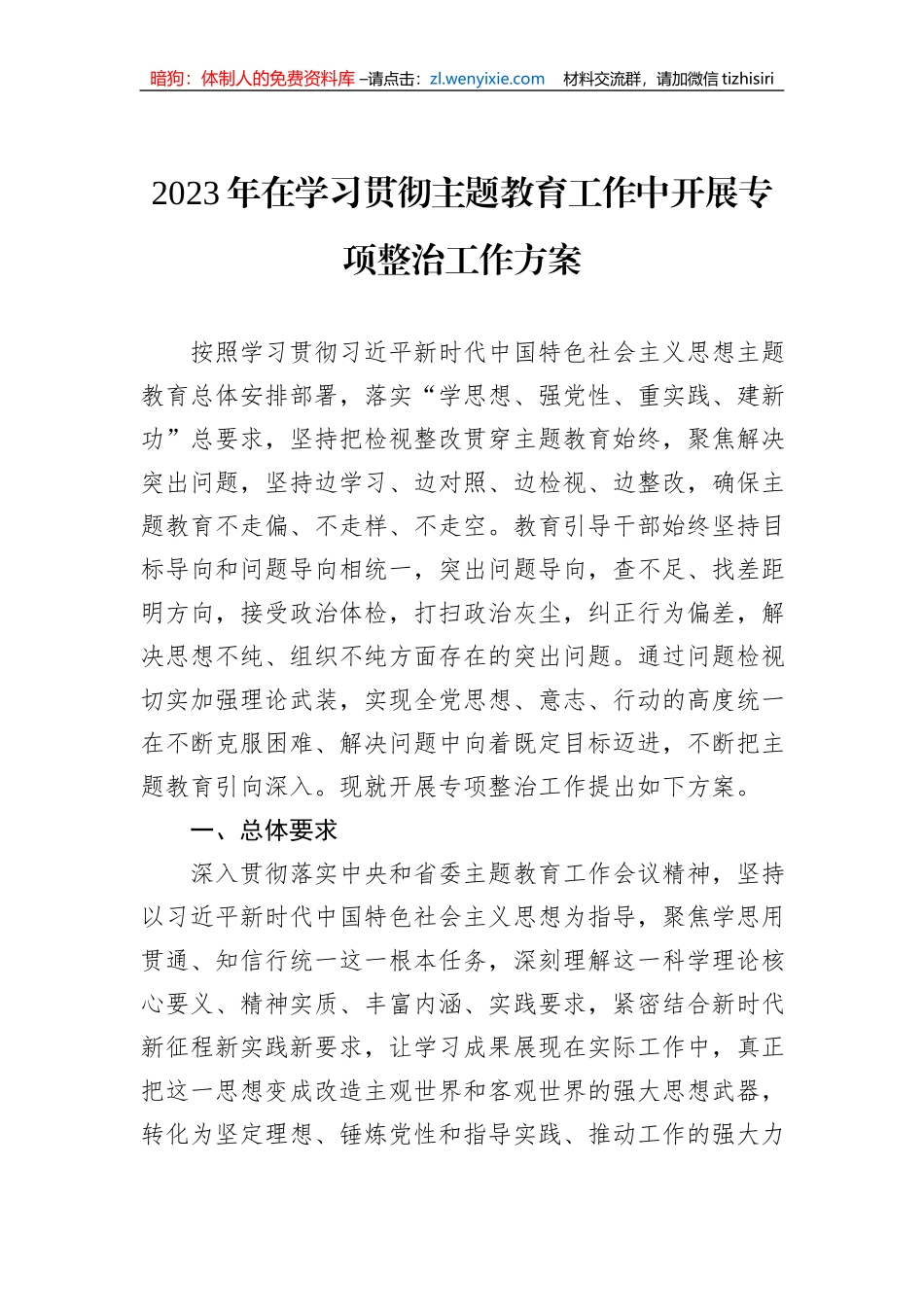 2023年在学习贯彻主题教育工作中开展专项整治工作方案_第1页
