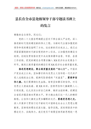 县长在全市县处级领导干部专题读书班上的发言