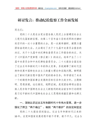 研讨发言：推动纪检监察工作全面发展