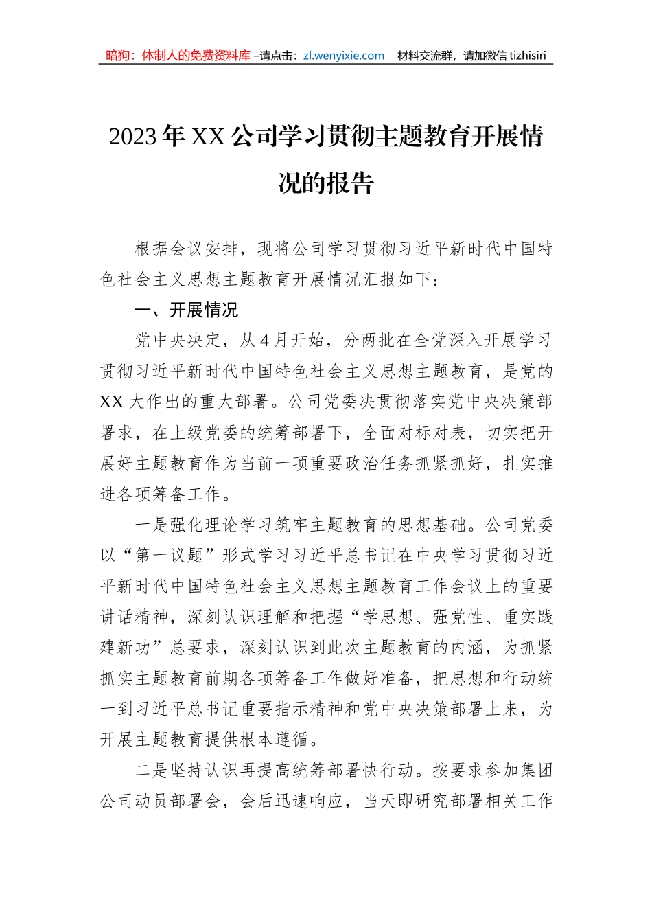 2023年XX公司学习贯彻主题教育开展情况的报告_第1页
