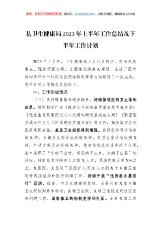 县卫生健康局2023年上半年工作总结及下半年工作计划