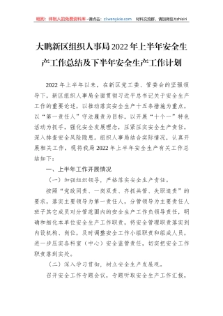 大鹏新区组织人事局2022年上半年安全生产工作总结及下半年安全生产工作计划