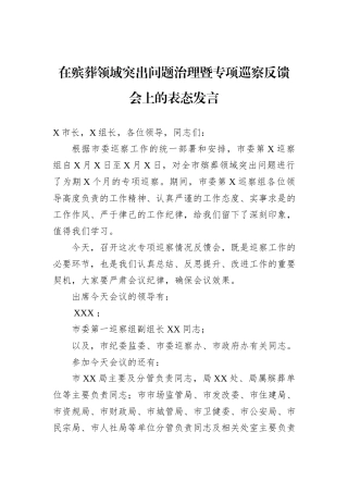 在殡葬领域突出问题治理暨专项巡察反馈会上的表态发言