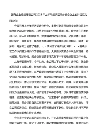 国有企业总经理在公司2023年上半年经济活动分析会议上的讲话集团
