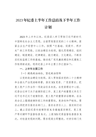 2023年纪委上半年工作总结及下半年工作计划