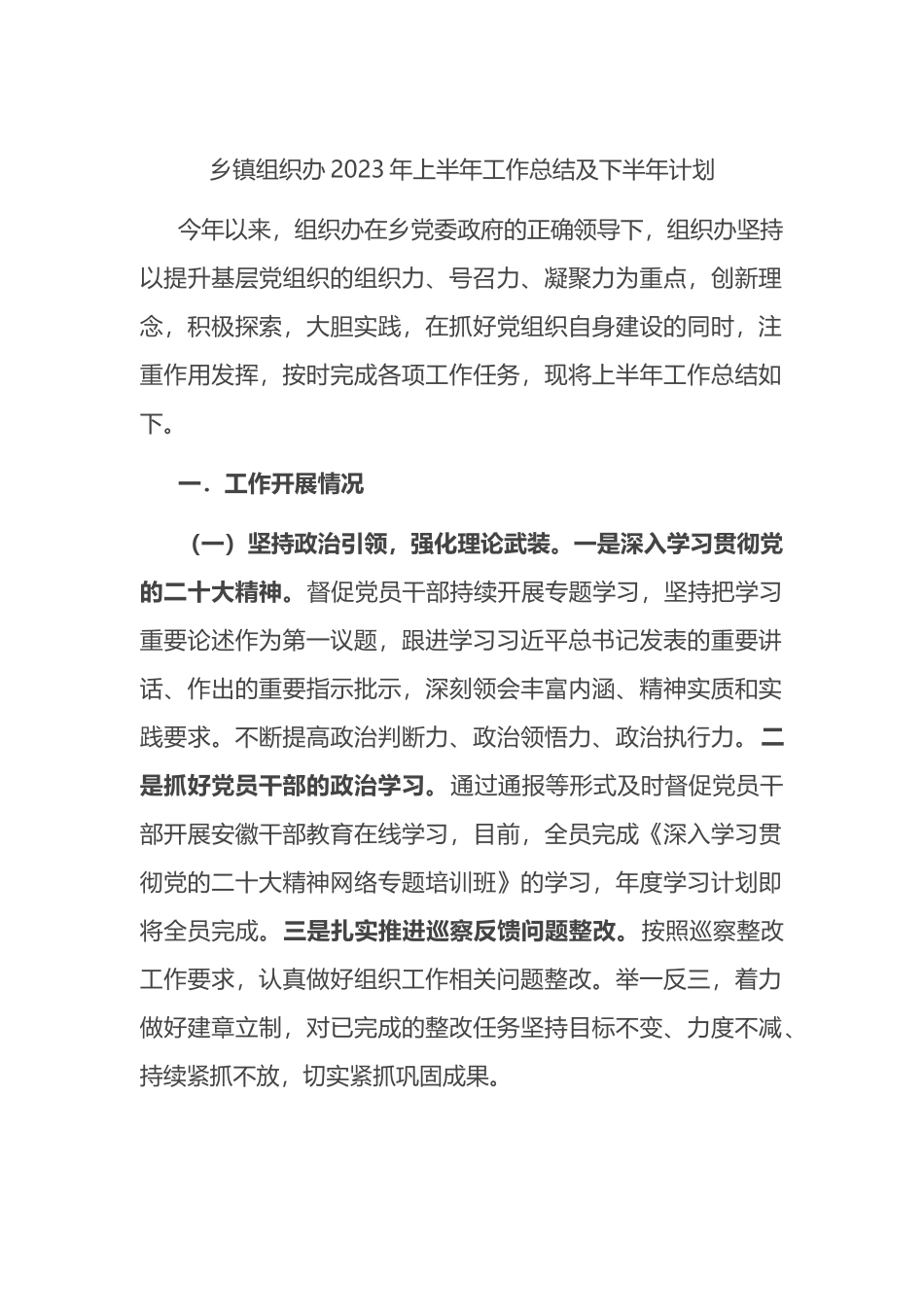 乡镇组织办2023年上半年工作总结及下半年计划_第1页