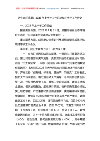 区生态环境局：2023年上半年工作总结和下半年工作计划