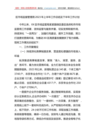 区市场监督管理局2023年上半年工作总结及下半年工作计划