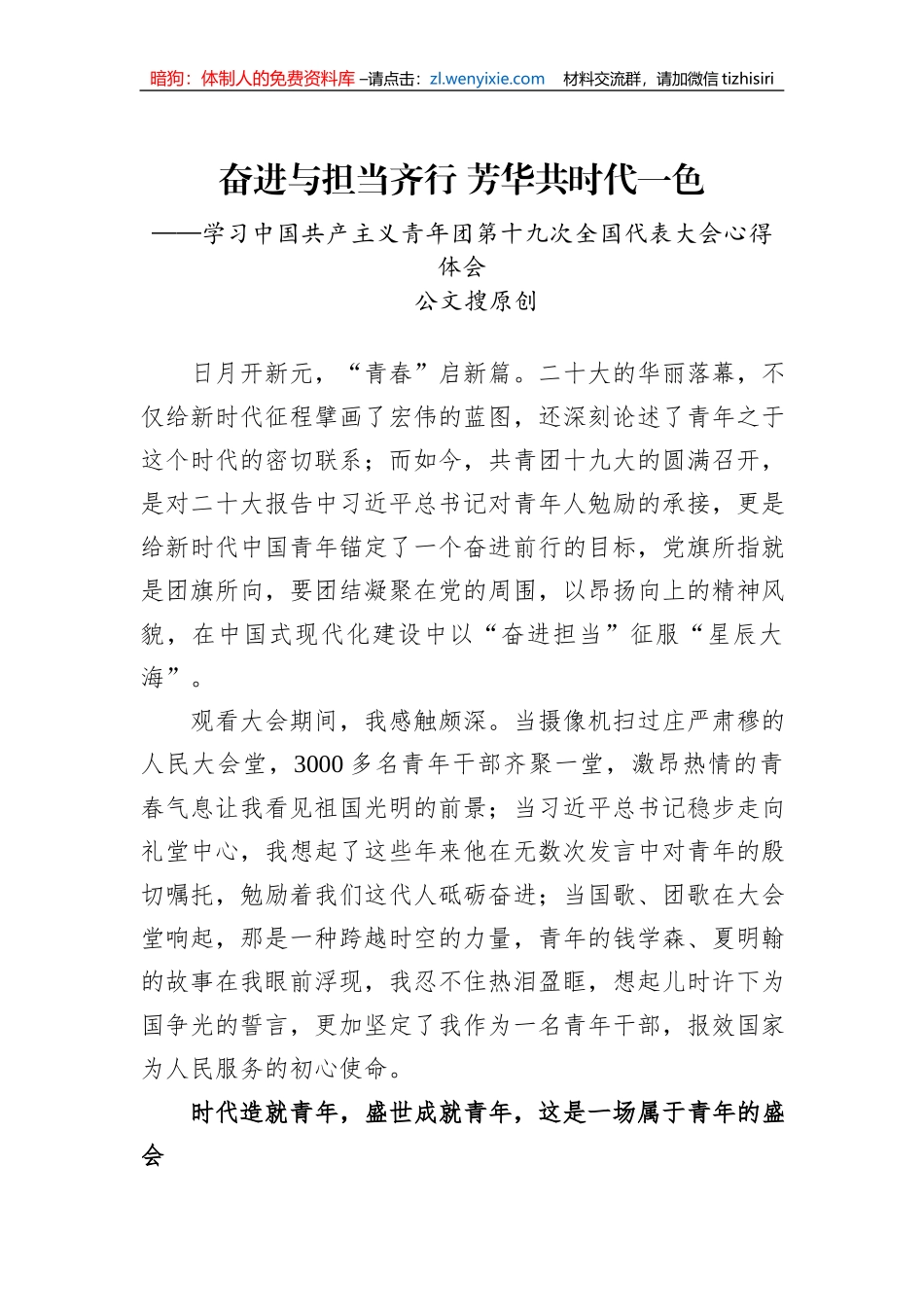 奋进与担当齐行+芳华共时代一色——青年干部学习共青团十九大精神心得体会（公文搜原创）_第1页