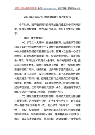 2023年上半年书记抓基层党建工作述职报告