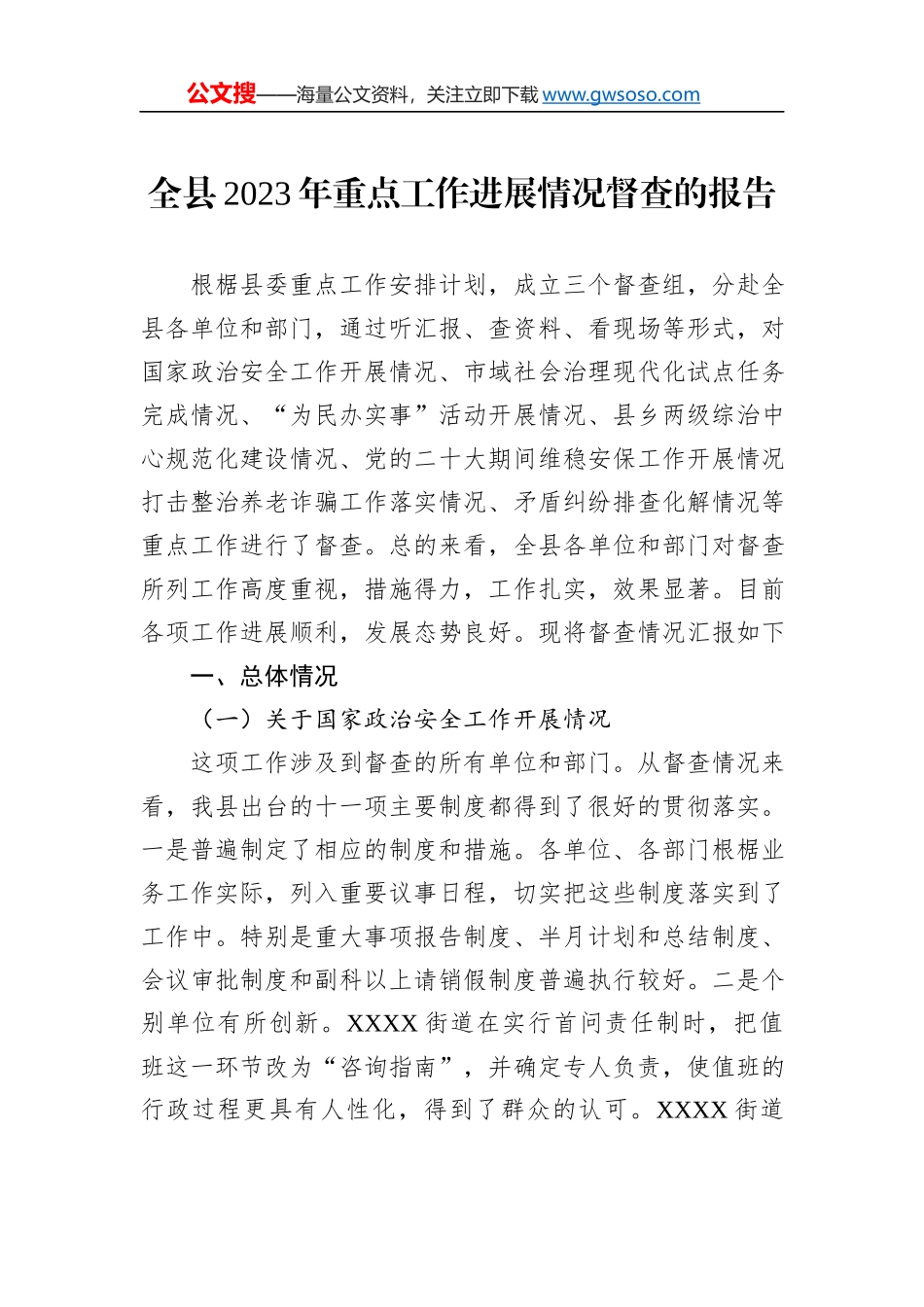 全县2023年重点工作进展情况督查的报告_第1页