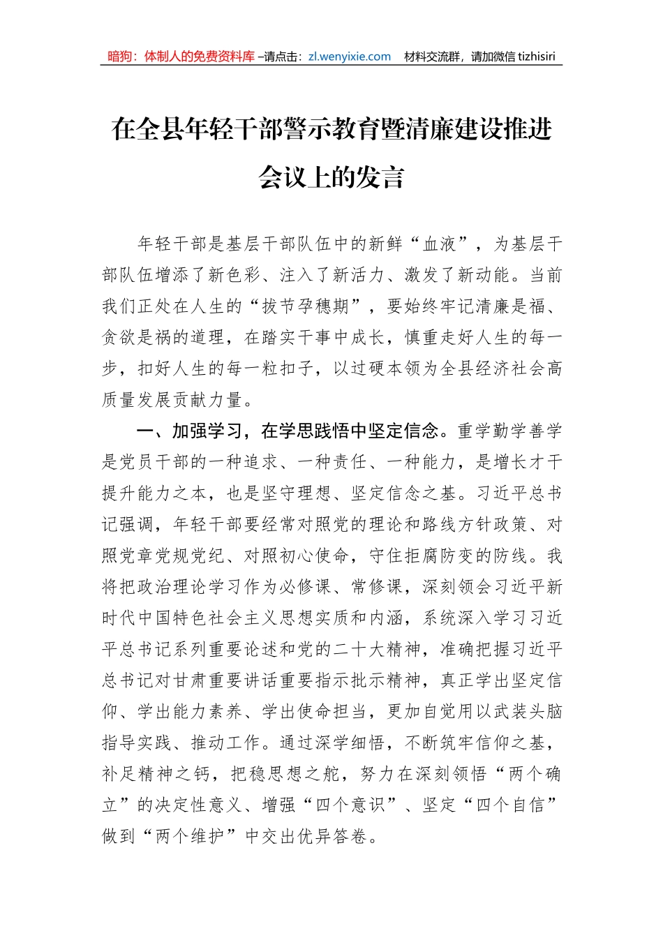 在全县年轻干部警示教育暨清廉建设推进会议上的发言_第1页