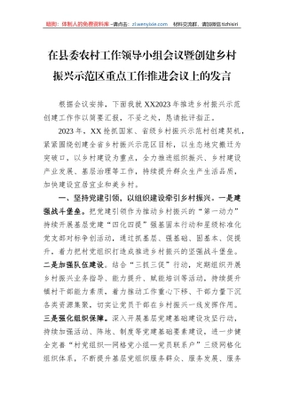 在县委农村工作领导小组会议暨创建乡村振兴示范区重点工作推进会议上的发言