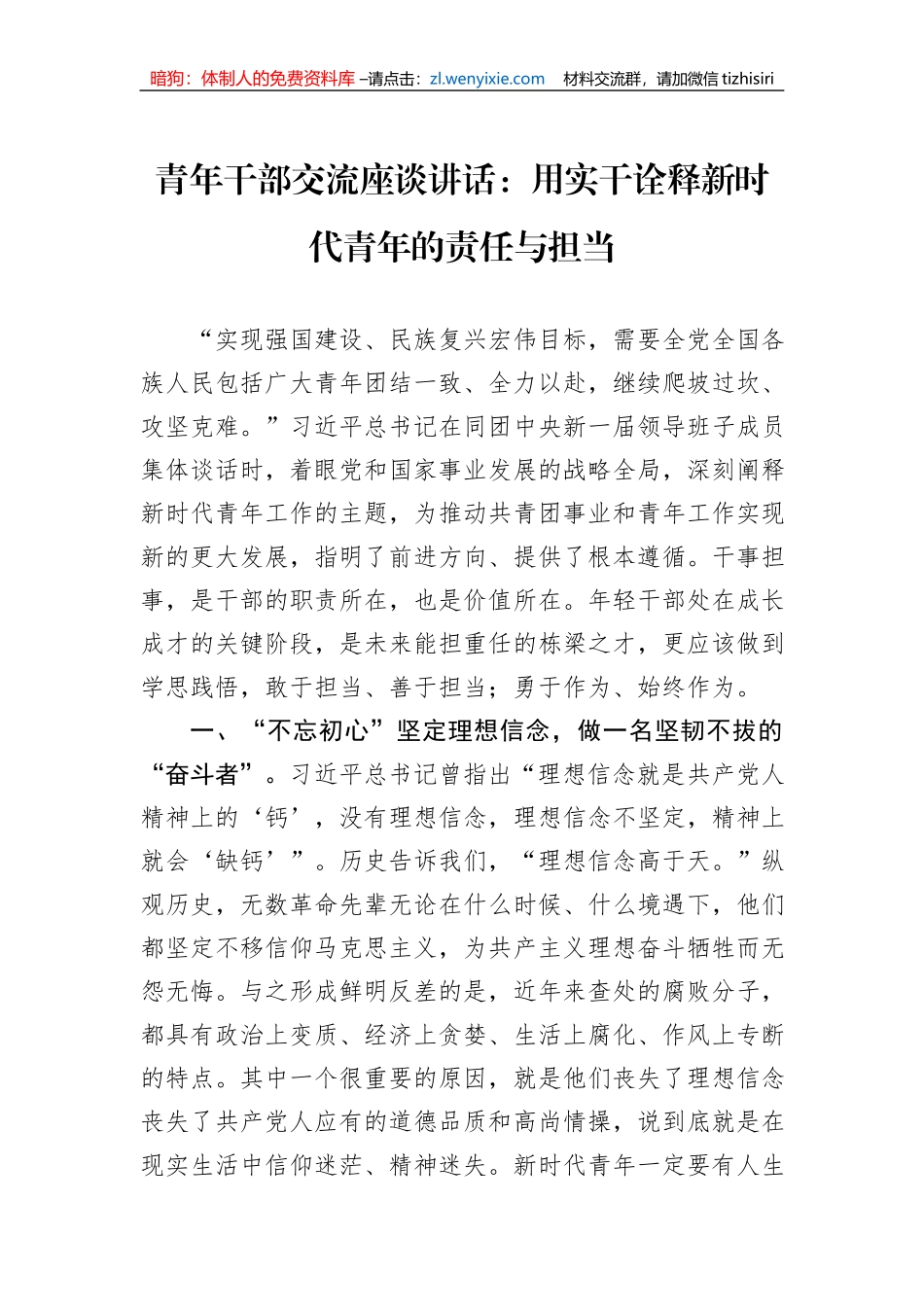 青年干部交流座谈讲话：用实干诠释新时代青年的责任与担当_第1页