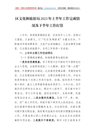 区文化和旅游局2023年上半年工作完成情况及下半年工作打算