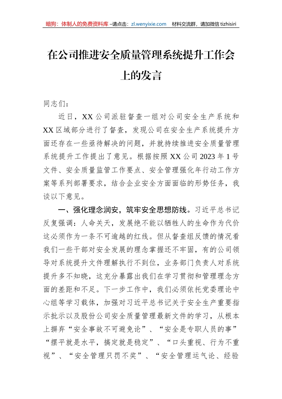 在公司推进安全质量管理系统提升工作会上的发言_第1页