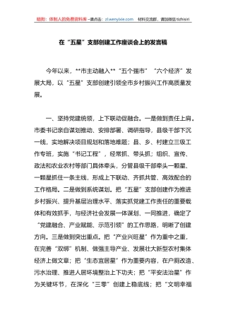 在“五星”支部创建工作座谈会上的发言稿