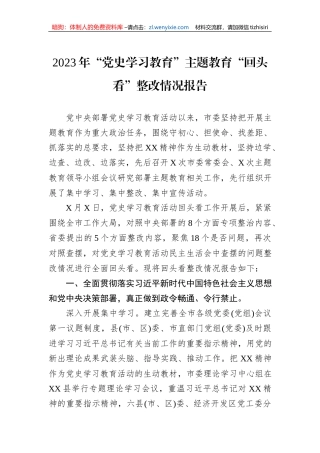 2023年“党史学习教育”主题教育“回头看”整改情况报告