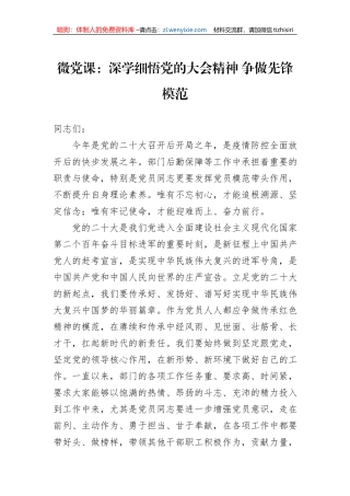 微党课：深学细悟党的大会精神+争做先锋模范