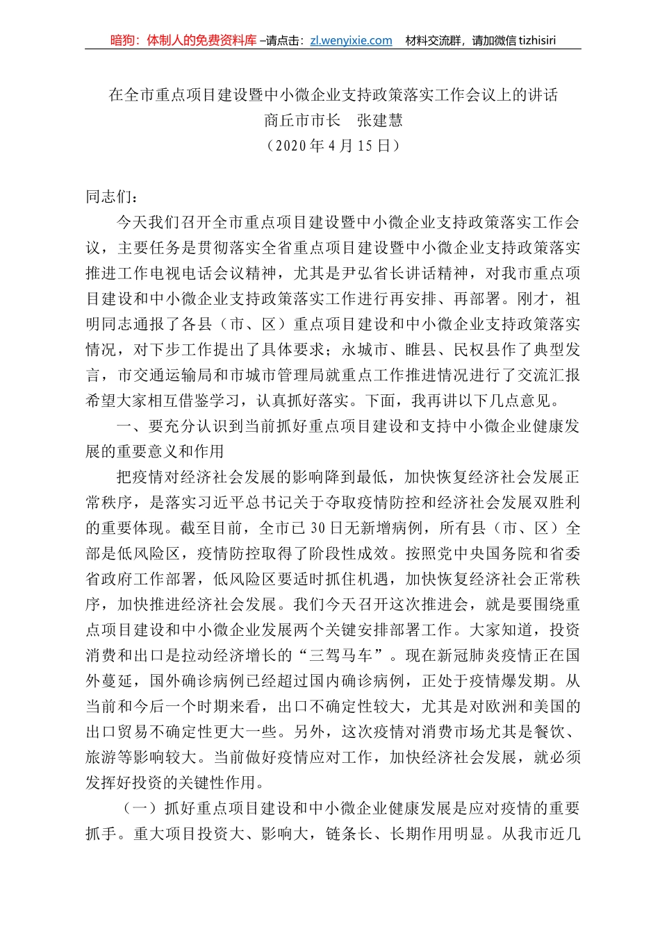 丘市市长张建慧在全市重点项目建设暨中小微企业支持政策落实工作会议上的讲话_第1页