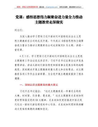 党课：感悟思想伟力凝聚奋进力量全力推动主题教育走深做实