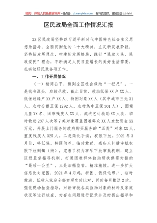 区民政局全面工作情况汇报
