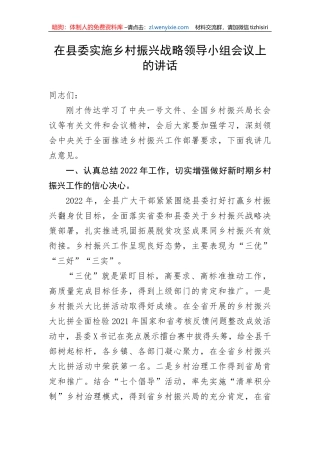 在县委实施乡村振兴战略领导小组会议上的讲话