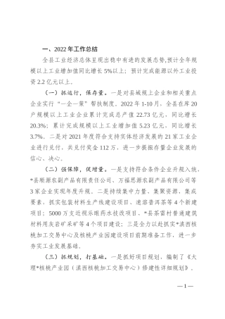 县工业信息和科技局2022年工作总结和2023年工作计划