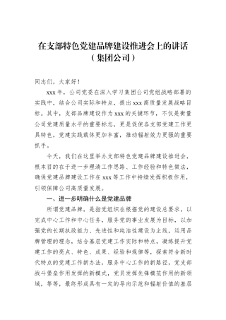在支部特色党建品牌建设推进会上的讲话（集团公司）
