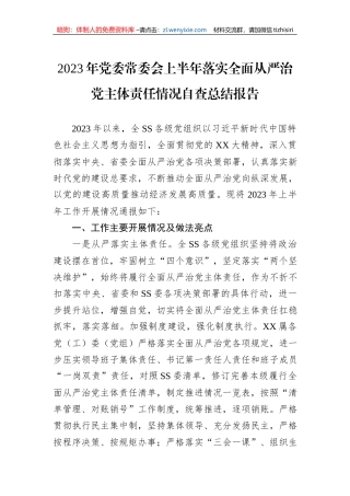 2023年党委常委会上半年落实全面从严治党主体责任情况自查总结报告