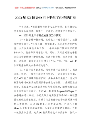 2023年XX国企公司上半年工作情况汇报