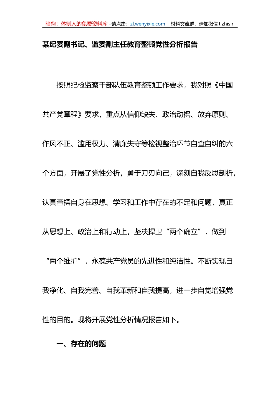 某纪委副书记、监委副主任教育整顿党性分析报告_第1页