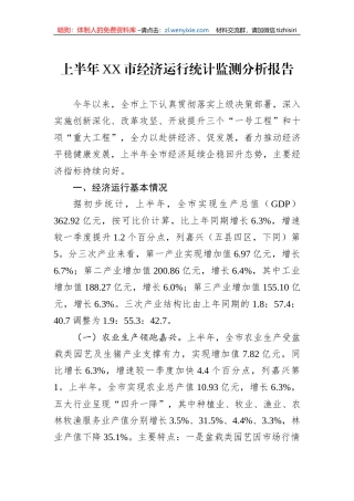 2023年上半年XX市经济运行统计监测分析报告