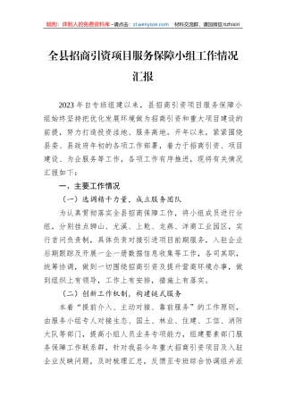 全县招商引资项目服务保障小组工作情况汇报