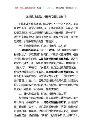 某镇抓党建促乡村振兴汇报发言材料