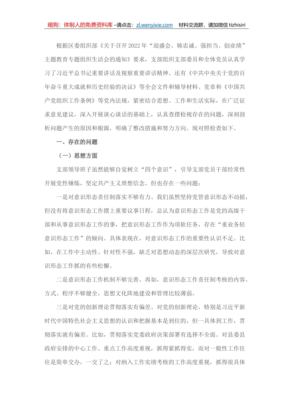 20220802：党支部班子“迎盛会、铸忠诚、强担当、创业绩”主题教育专题组织生活会对照检查材料_第1页