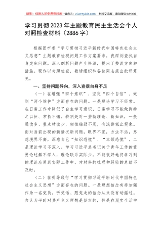 20230627：学习贯彻2023年主题教育民主生活会个人对照检查材料